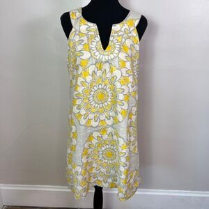 Ann Taylor LOFT Size 8 100% Linen Yellow Grey Floral Mandala Shift Dress